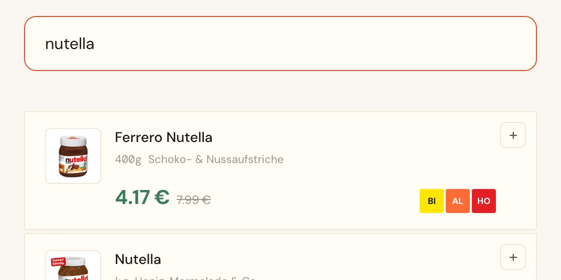 Beispiel: Suche nach Nutella mit Preisen und Supermärkten